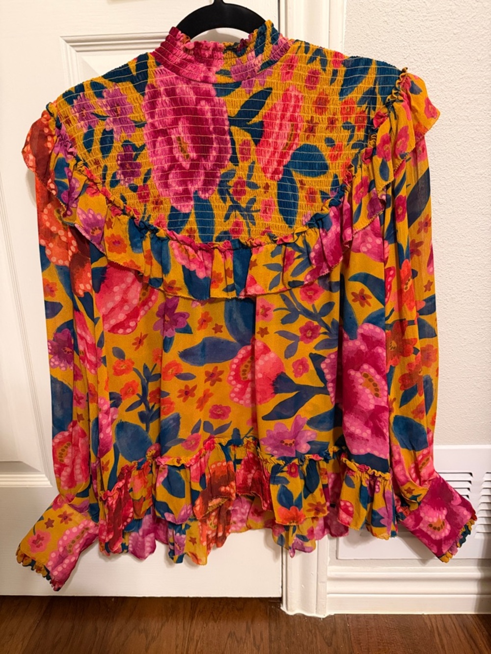 Farm Rio Vibrant Floral Ruffle Blouse - Mustard, Pink & Blue